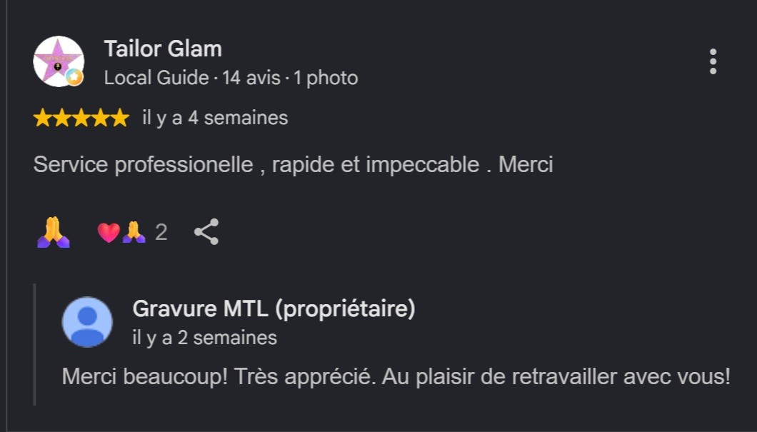 Avis Google de Tailor Glam, 5 étoiles : « Service professionelle , rapide et impeccable . Merci »